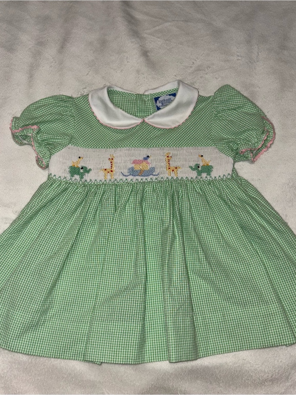 Carriage Boutique Green Gingham Smocked Dress with Animal Motif